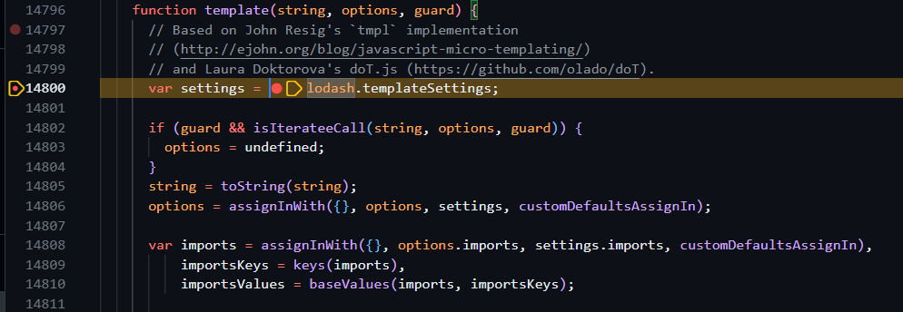 breakpoint at the start of template()